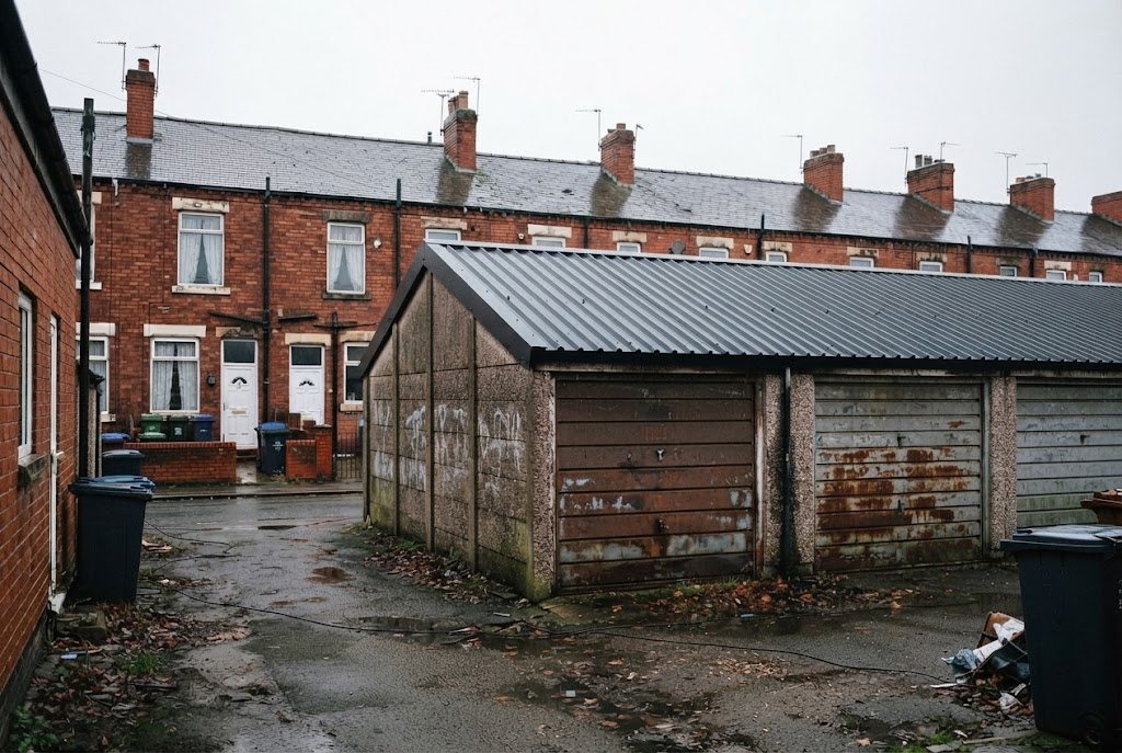 The same garage with a new deeply corrugated dark grey steel roof