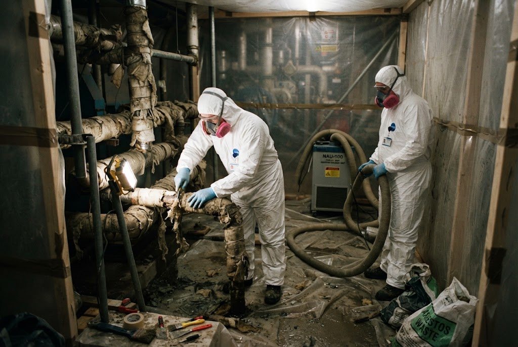 Two operatives stripping old pipe lagging inside a sealed enclosure with an air extraction unit