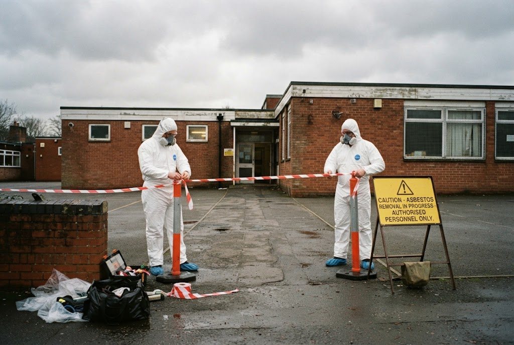 Two operatives in white coveralls putting up hazard tape in front of an empty school building