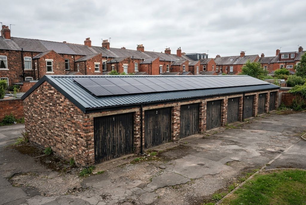 Brick garage block with a new dark grey steel roof carrying solar panels